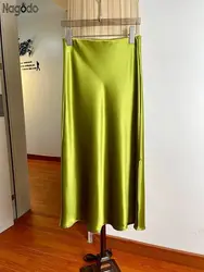 2024 spring Luxury Satin Midi Long Women's Skirt Elastic Waist Solid Color Split Skirt Casual Elegant Women Party A-Line Skirts