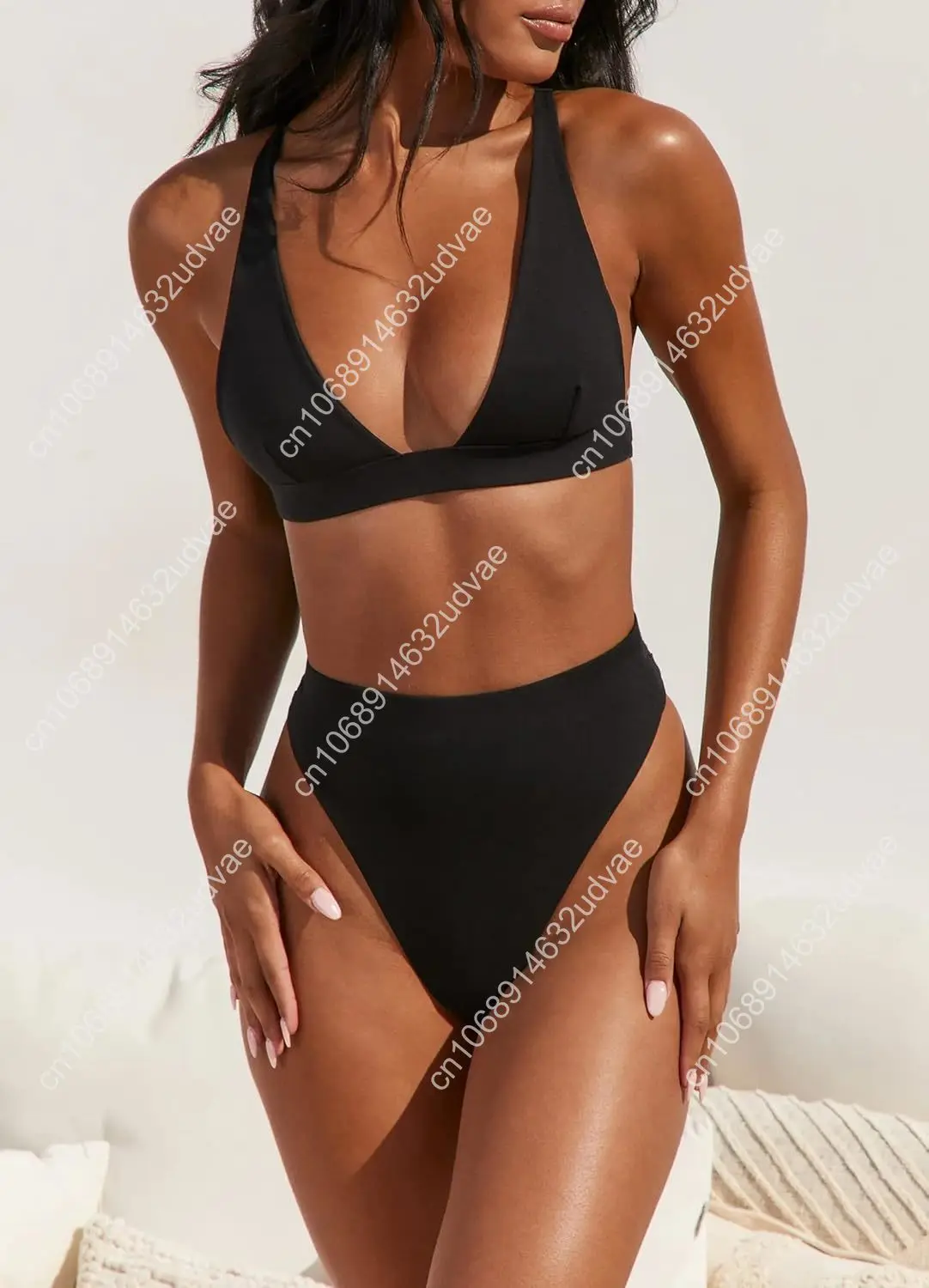 Womens High Waisted Thong Bikini Sets Sexy Brazilian Triangle Top Deep V Neck Two Piece Swimsuit Bathing Suits