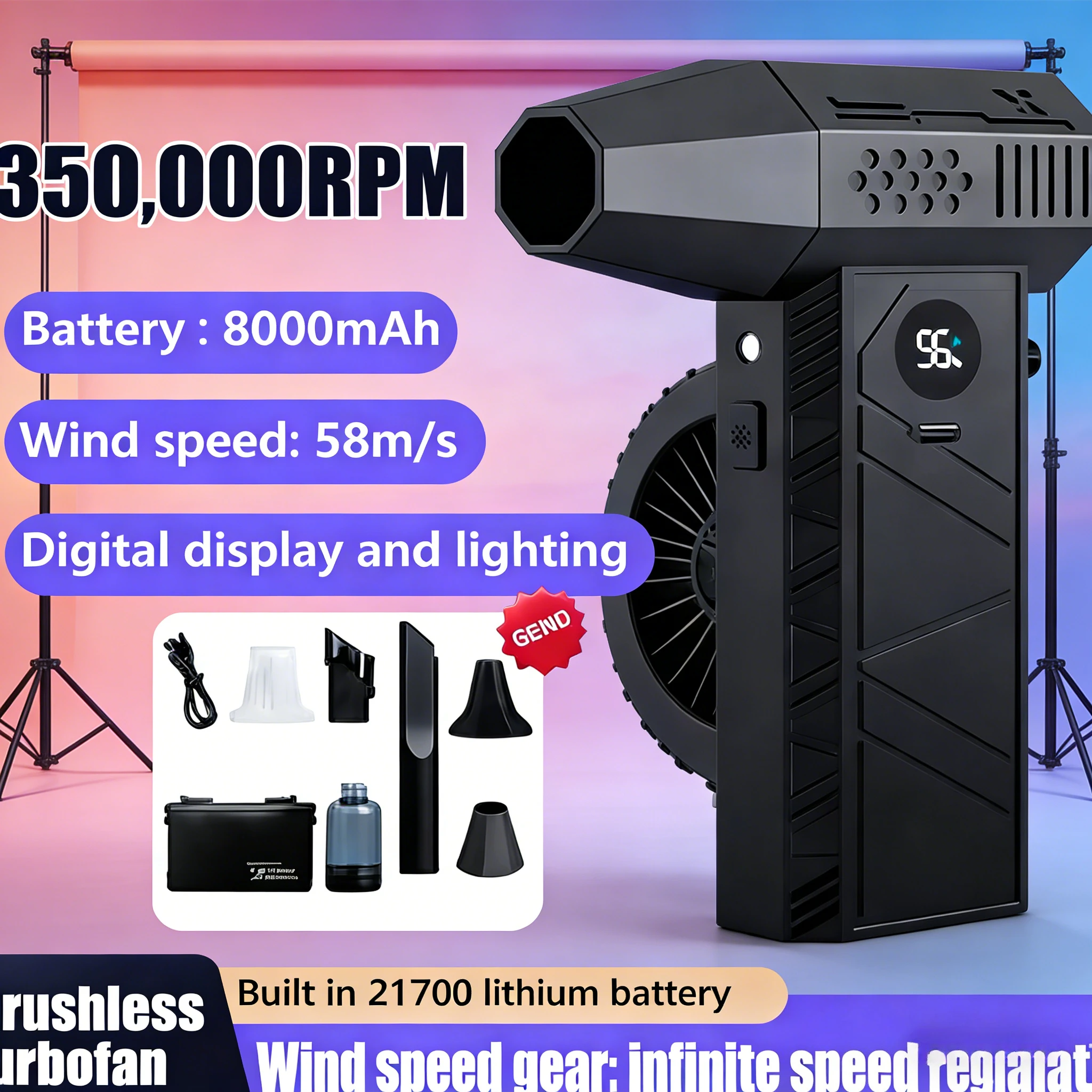 

2-in-1 Handheld Car Vacuum & Air Blower | 350000RPM Brushless Turbo Motor 53m/s Super Wind