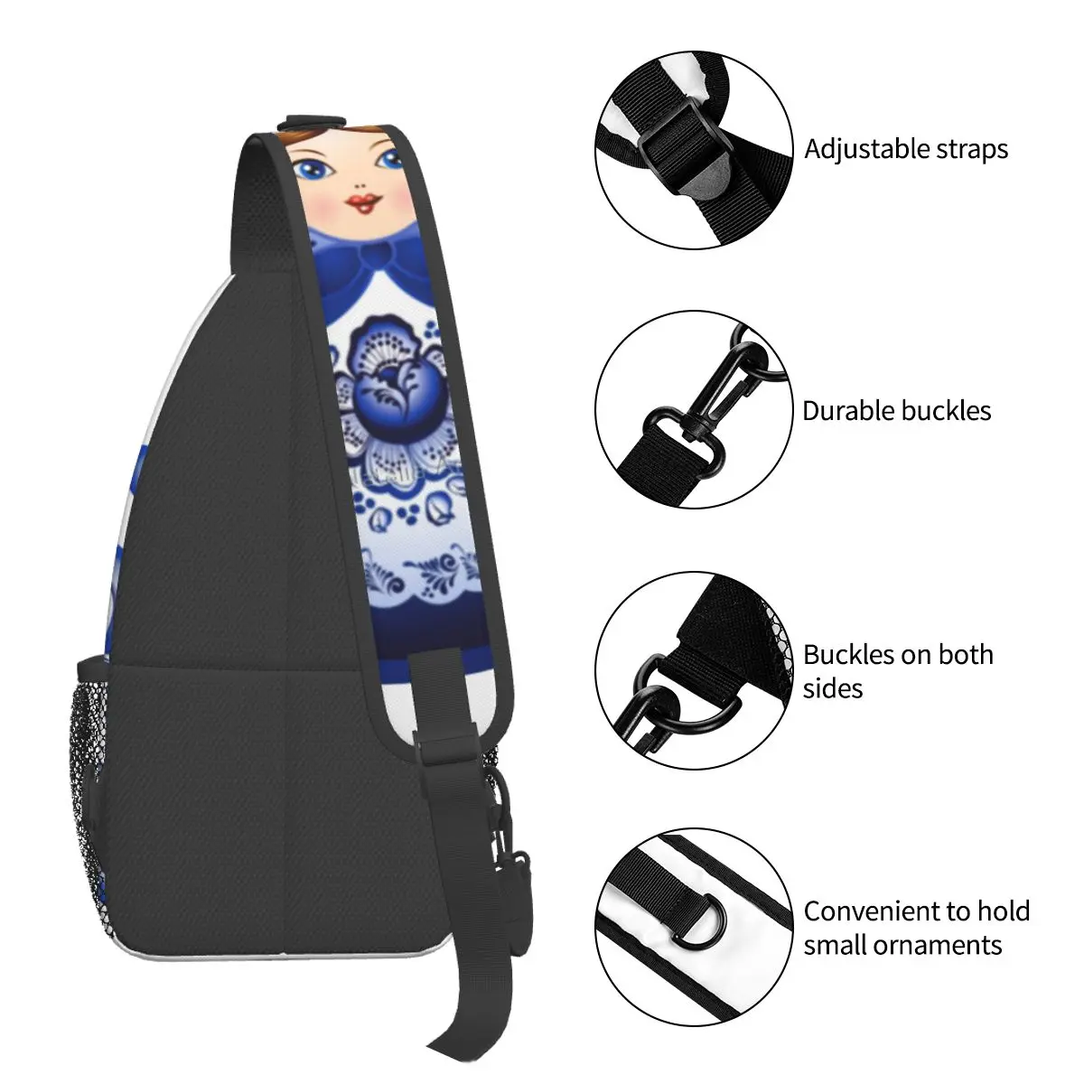 Matryoshka Doll Russian Gzhel Crossbody Sling Bags Small Chest Bag Khokhloma Shoulder Backpack Daypack for Hiking Outdoor Travel