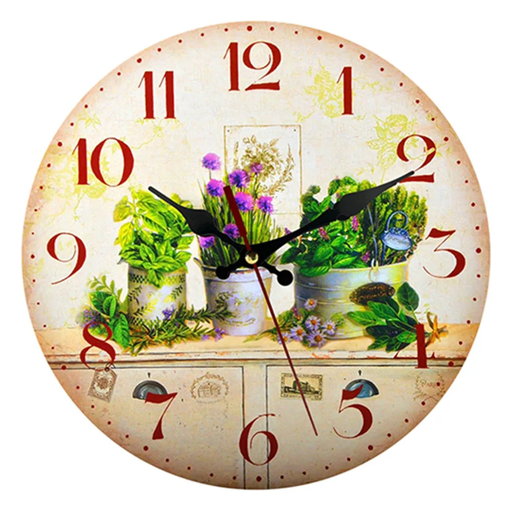 1PCS 12 Inches Multicolored Vintage Hanging Clock Woodiness Round Farmhouse Wall Clock Wood Rustic Home Livingroom Decorations