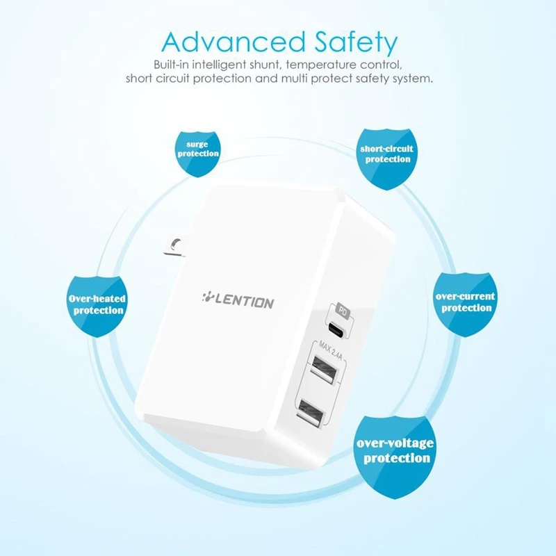 LENTION 45W 3 Ports USB-C Power Delivery Charger With Fast Charge PD Adapter For Iphone Xs/Max/XR/X/8,(US Plug)