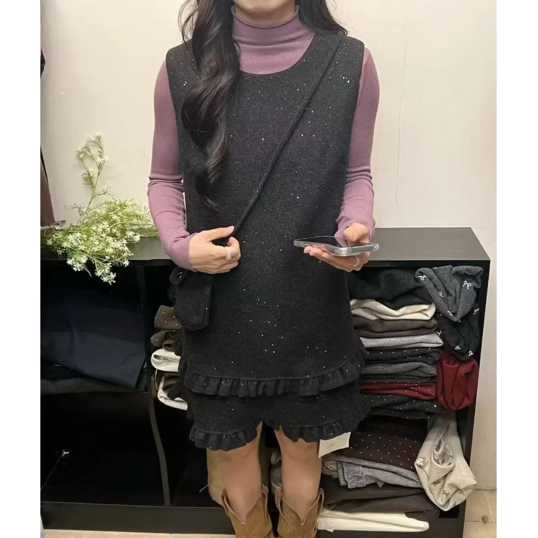 

Faionable шерстяной жилет и топ для женщин, шикарный осенне-зимний наряд, комплект из двух предметов Agel Sle, корейский, эстетичный, в стиле ретро