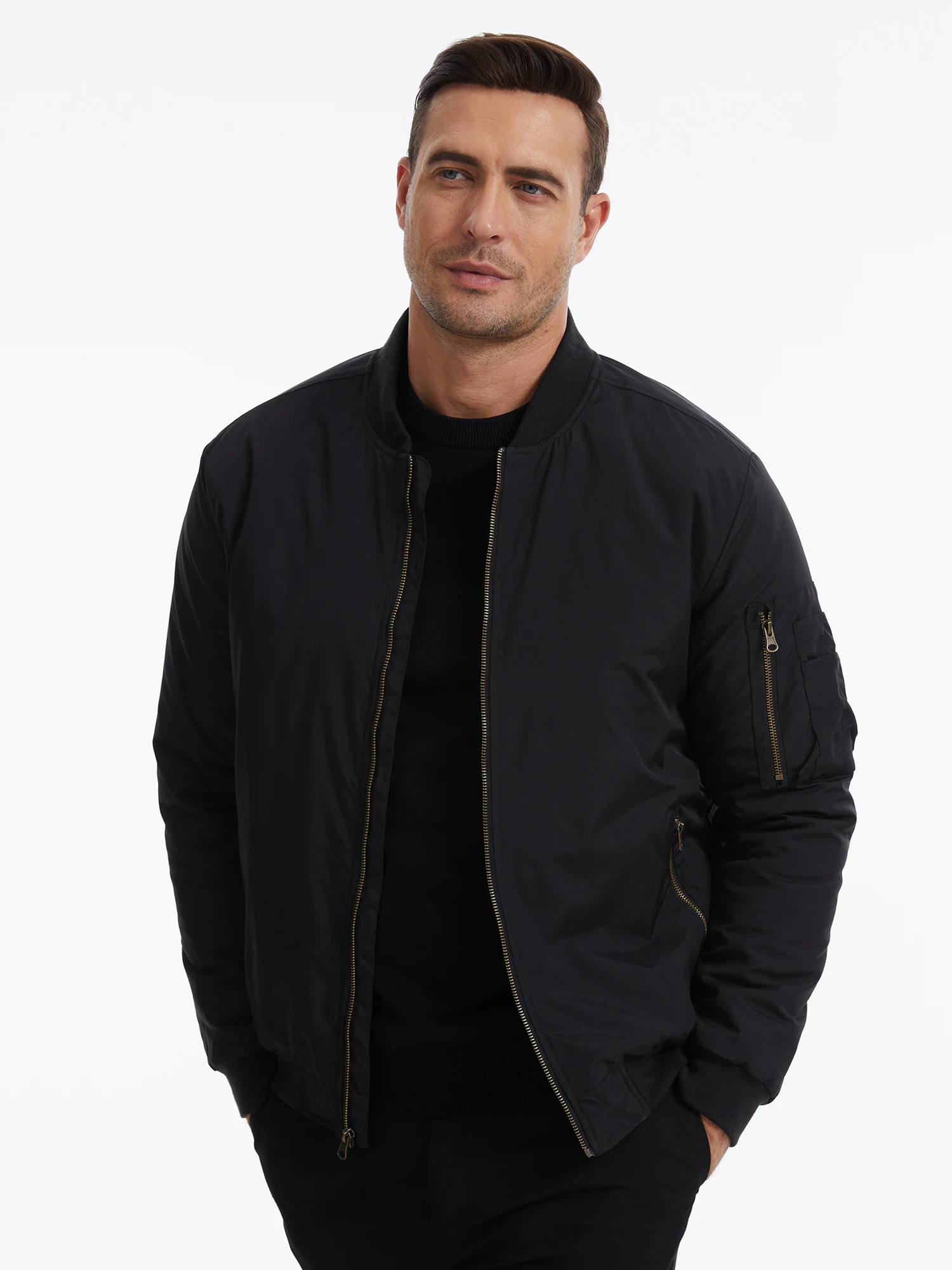 Herbst-Winter-Herren-Bomberjacke, Warme Windjacke mit Vollreißverschluss, Militär-Pilotenjacke, Lässige Winddichte Outdoor-Jacke – Detail 2