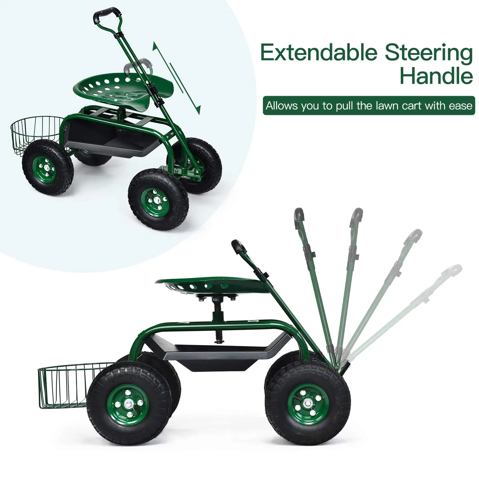 Rolling Garden Cart with Seat, Steering Handle & 10