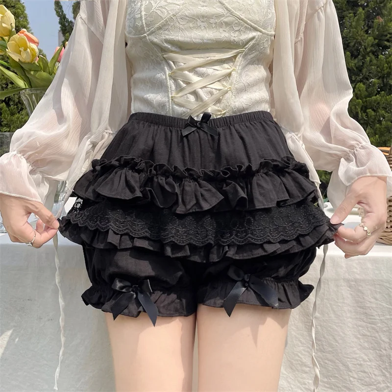 Summer Sweet Fairy Lace Bloomers Women White Black Elastic High Waist Ruffled Tiered Short Pants Bow Decor Streetwear