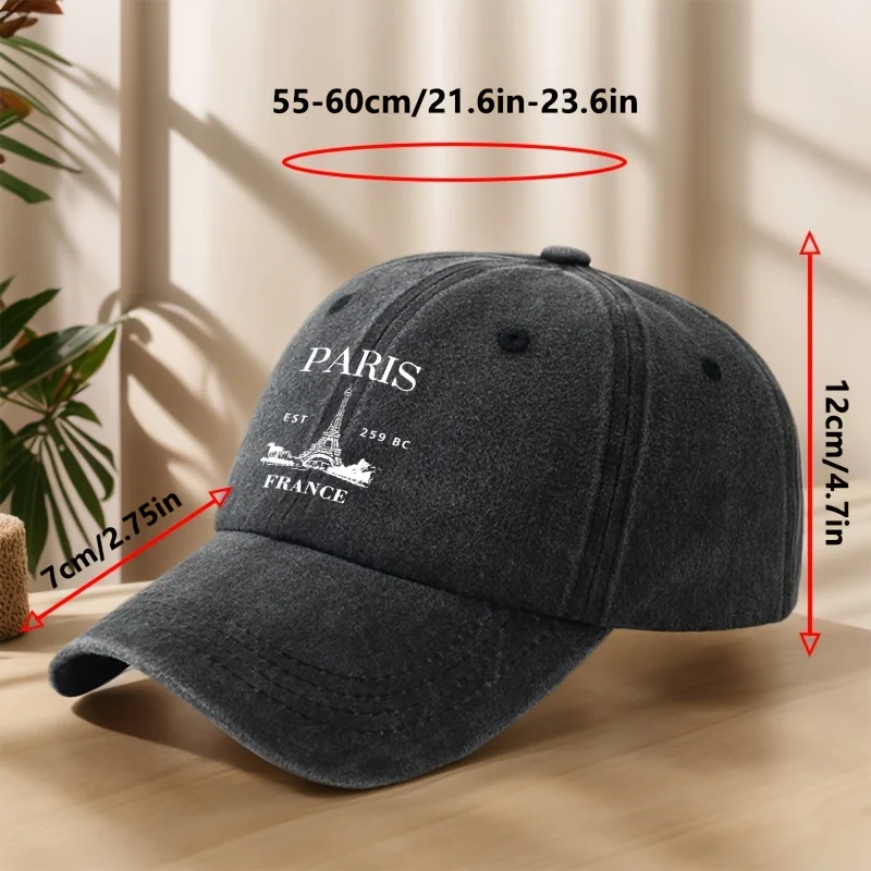 PARIS Eiffel Tower Print Baseball Cap Classic Washed Distressed Vintage Duckbill Hat Outdoor Leisure Sports Fishing Sun Hat Adju