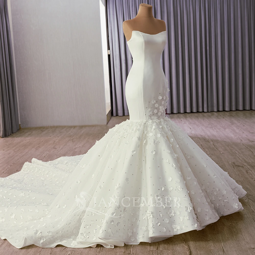 Customized Elegant Strapless Wedding Dress For Women Lace Applique Satin Tulle Bridal Gown Mermaid Robe De Mariรฉe RSM241141