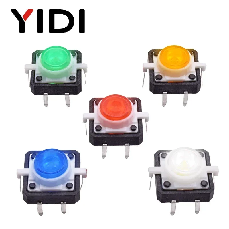 

5pcs 12*12mm Illuminated Tact Tactile Micro Switch Push Button Reset Momentary Red Yellow Blue White 12VDC LED Light Solder Pin