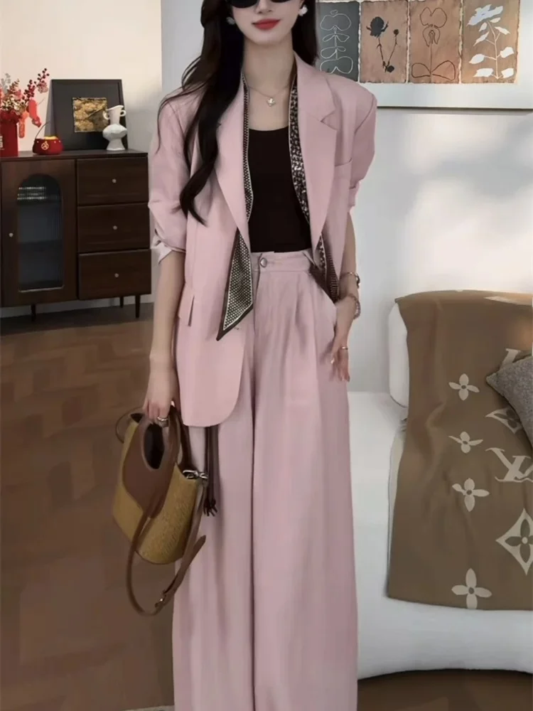 

Elegant Pink Suit Set Women's High Waist Wide Leg Pants White Enhancing Korean Style Fashionable Summer New Arrival