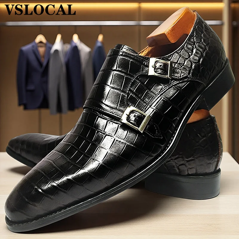 Luxury Men's Loafers Crocodile Print Formal Dress Men Casual Shoes Black Coffee Monk Strap Loafers Leather Shoes For Men