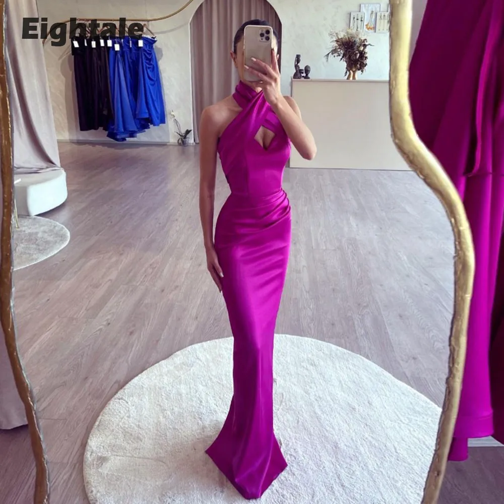 

Eightale Arabic Evening Dresses Halter Sexy Elegant Mermaid Prom Gowns Satin Formal Wedding Party Gowns Robes De Soirée