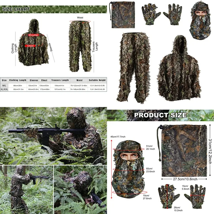 

Outdoor Camo Ghillie Suit 3D Leafy Camouflage Clothing Jungle Woodland Hunting