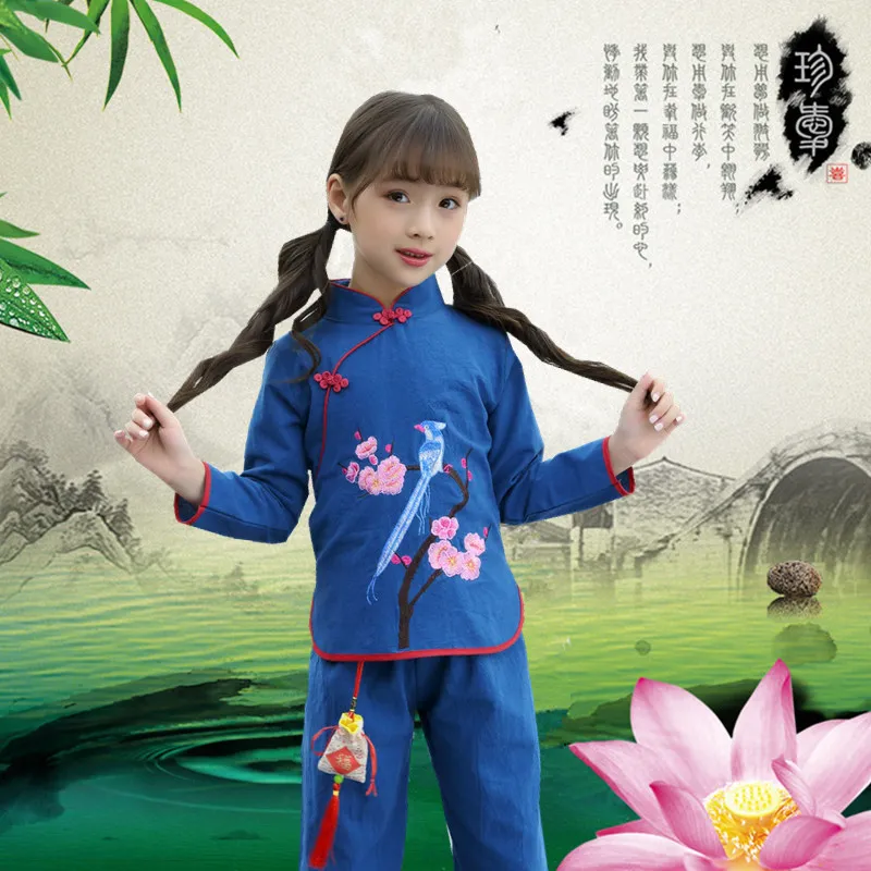 Girls Hanfu Improved Tang Cotton Dress girl baby Retro Top Pant set of Chinese style Children's Clothing Ancient Miss