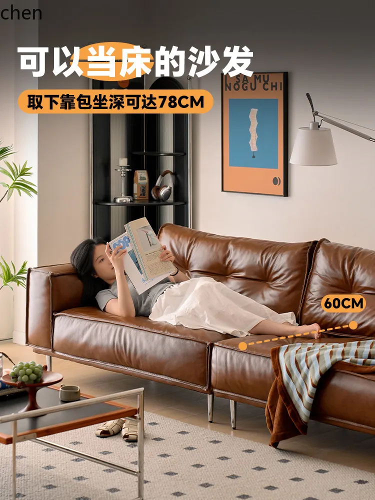 ZML Sofa Retro Genuine Leather Sofa Living Room Home Straight Row Sofa