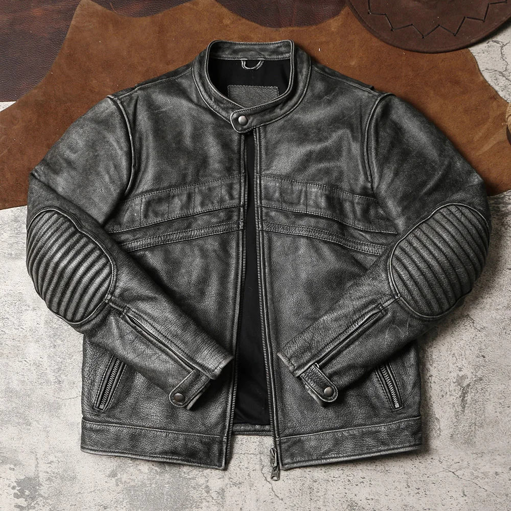 Original Stone Mill Used Leather Jacket with Genuine Leather Stand Up Collar, High Waist, Slim Fit Motorcycle Leather Jacket