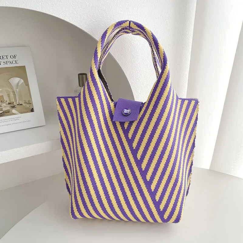 New Trendy Striped Knitted Mini Tote Bag Women Girl Casual Shoulder Bag Student Handbag Retro Canvas Bucket Bag Purse 28x18cm