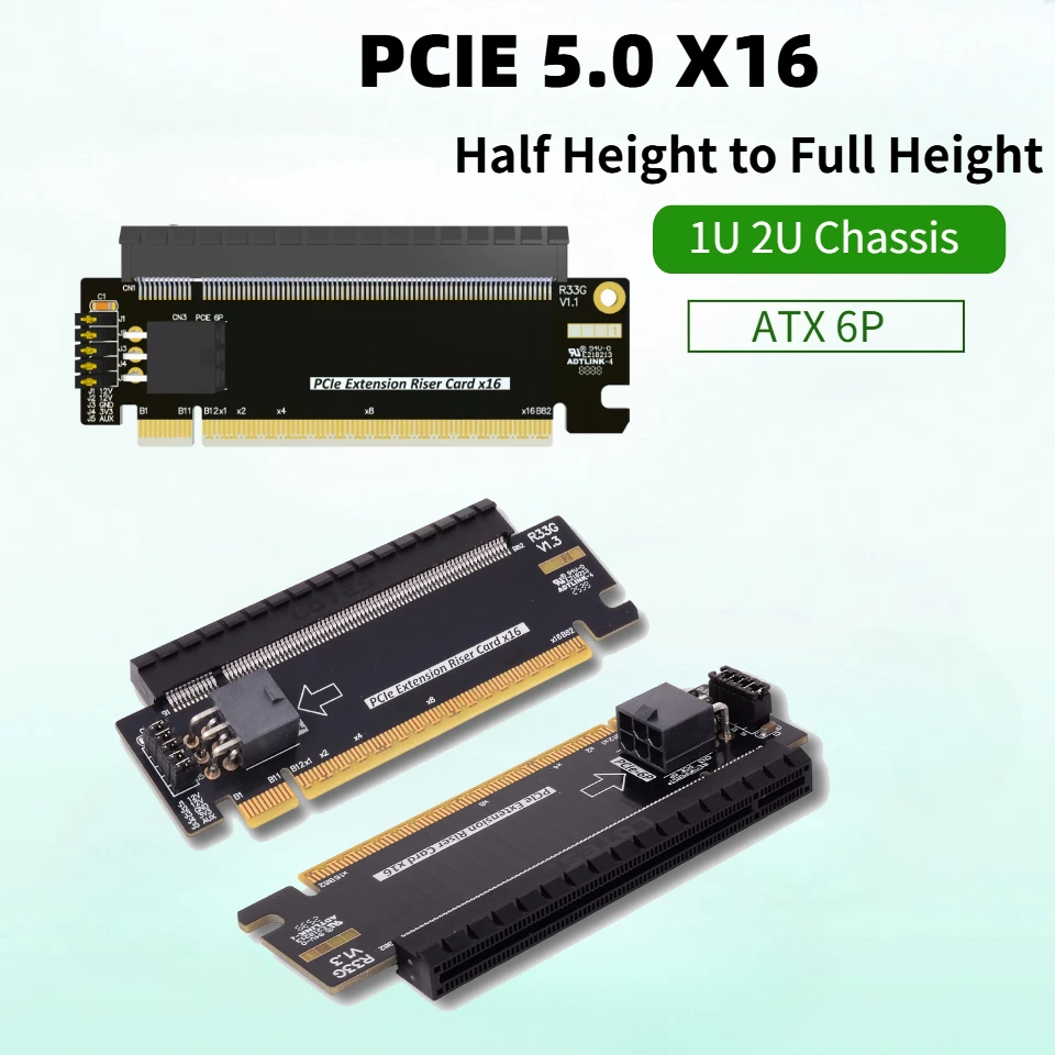 Gen5 PCIE 5.0 16X To X16 180 Degree Converter Adapter Card Half To Full-Height Upward Extender ATX 6Pin Connector For 1U 2U Case