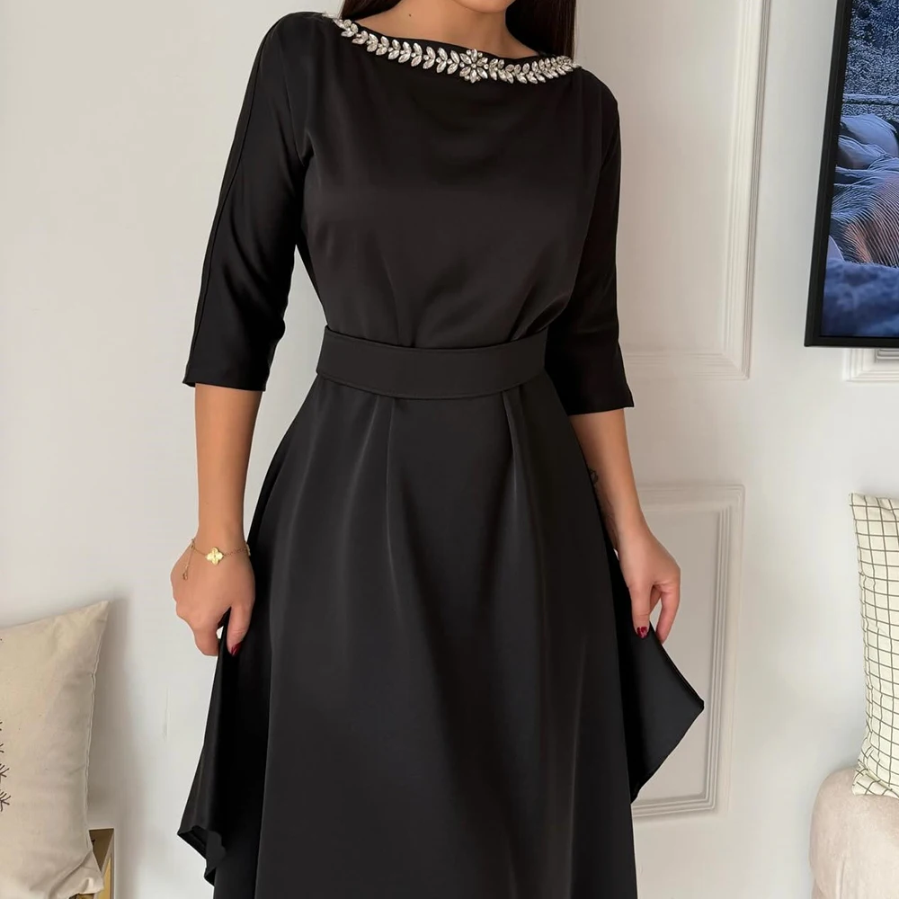 Personalizado a linha vestidos de noite chá-comprimento colher pescoço três quartos manga vestido de baile moda cristal simples drapeado vestido de festa