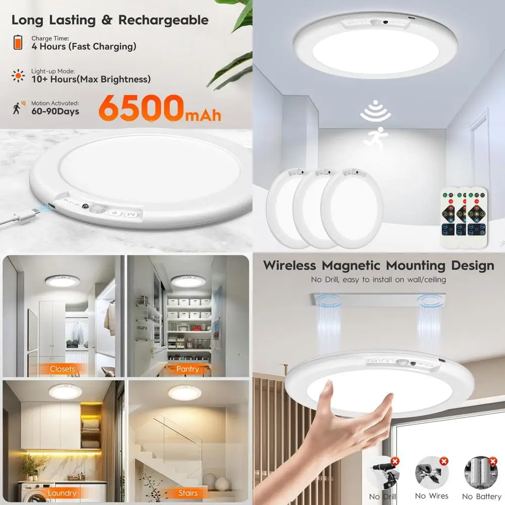 

3-Pack Rechargeable Motion-Activated Ceiling Lights, Wireless Battery-Powered LED Lights with Remote, 500LM Adjustable Warm to C