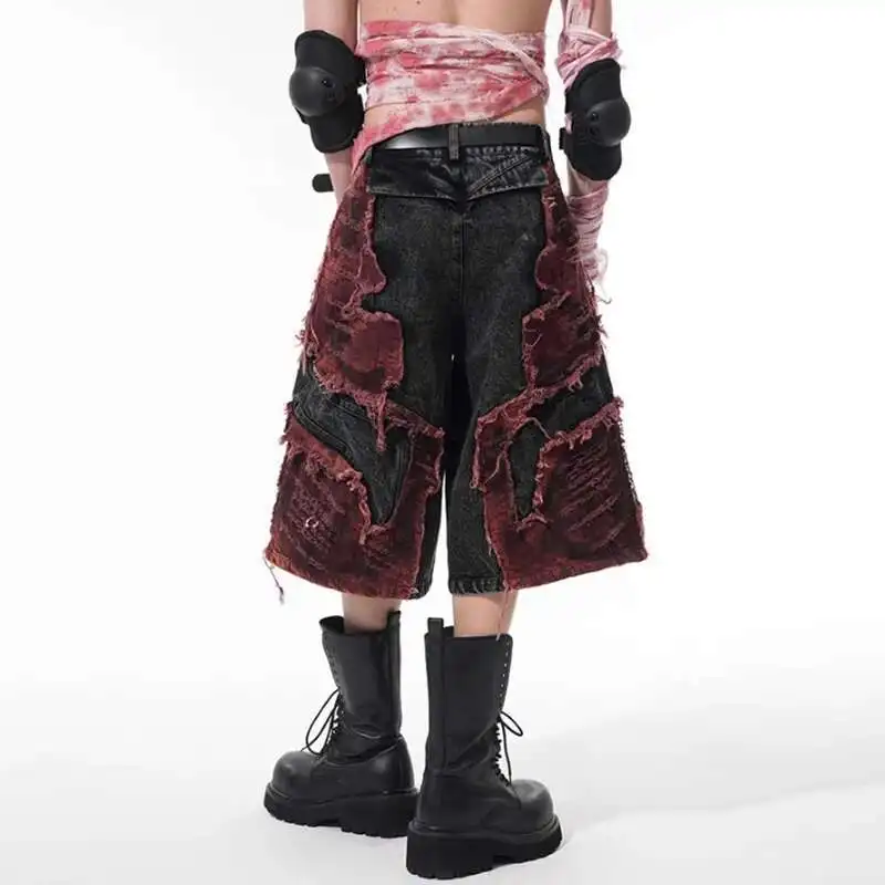 Luzhen 2025 novo original high street retalhos design jeans masculino elegante cor contraste em linha reta denim calças de cinco pontas jy1129