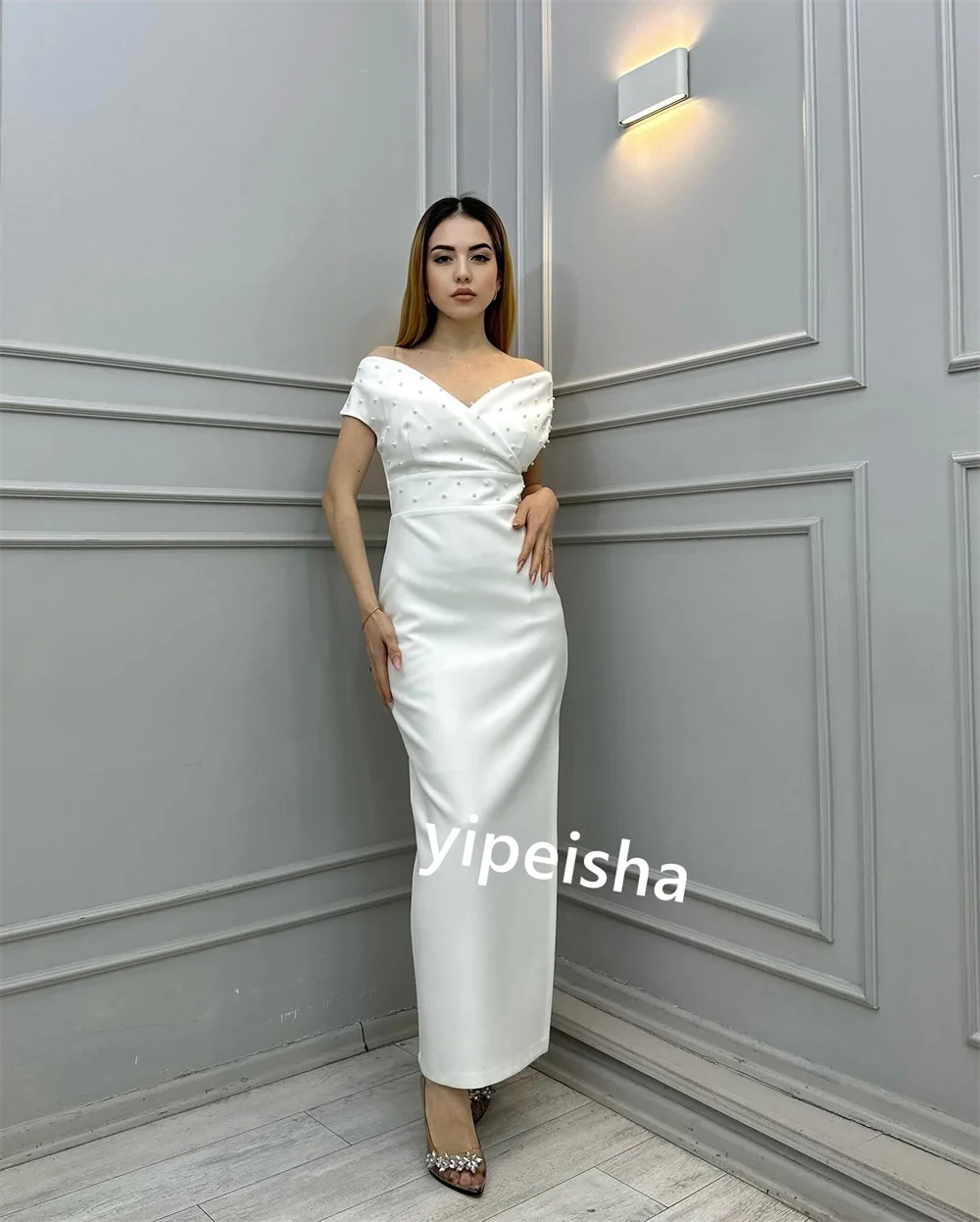 Robe de soirée de mariage en perles de satin, robes mi-longues A-ligne, épaule dénudée, occasion sur mesure