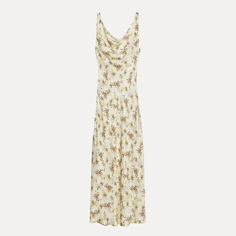 Ele Sommer Neue Damen Print Dr Hohe Taille A-Linie Seidig Polyester Stoff No Sve Einteiliger Feenrock Ciwalk