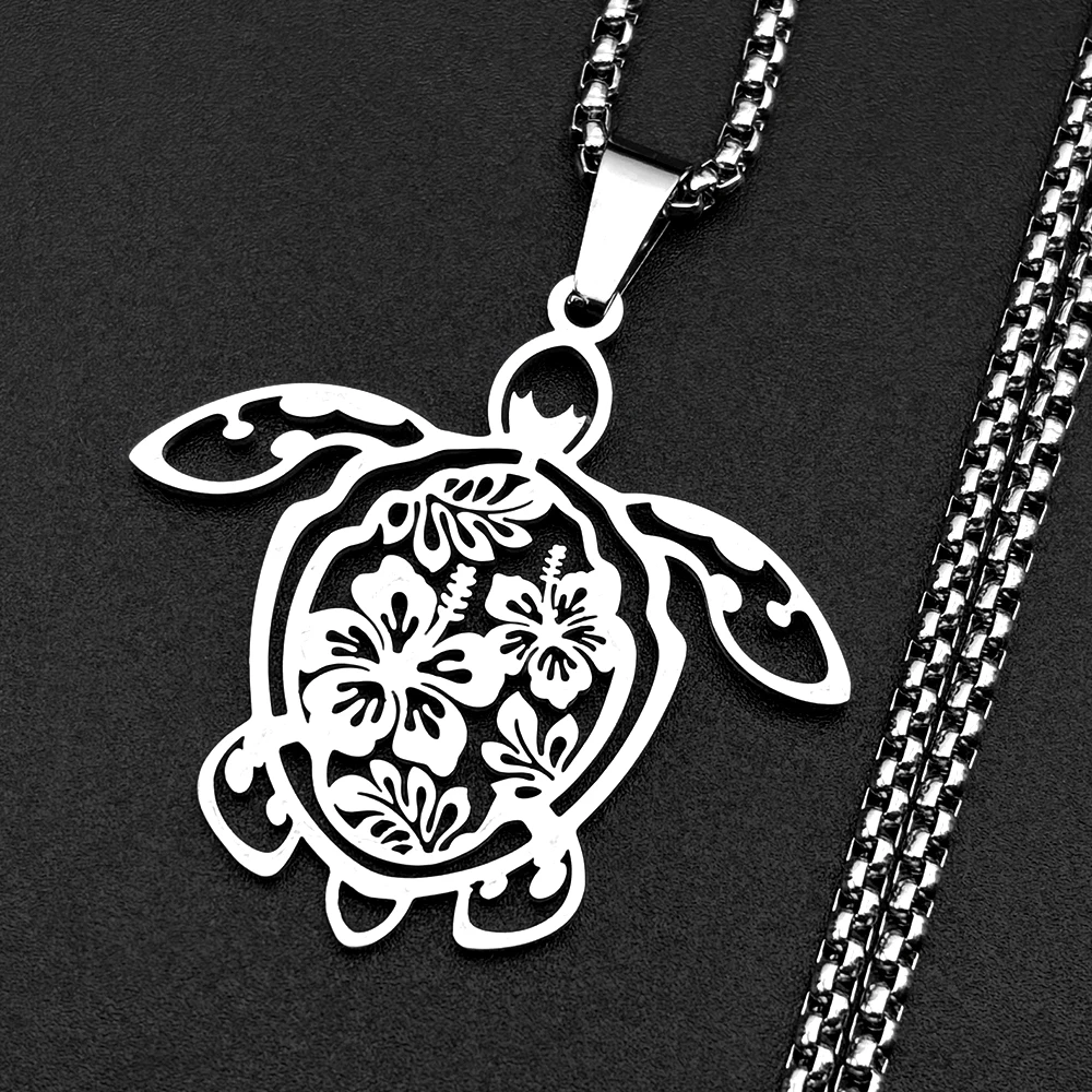 Schildkröten-Hibiskus-Blumenkette für Damen und Herren aus Edelstahl, Guadeloupe-Frangipani, Ozean-Boho-Hawaiianische Halskette, Schmuckgeschenke