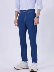 Calça jeans larga reta masculina, azul, high-end, negócio, casual, stretch, clássico, alta qualidade, quatro estações do ano