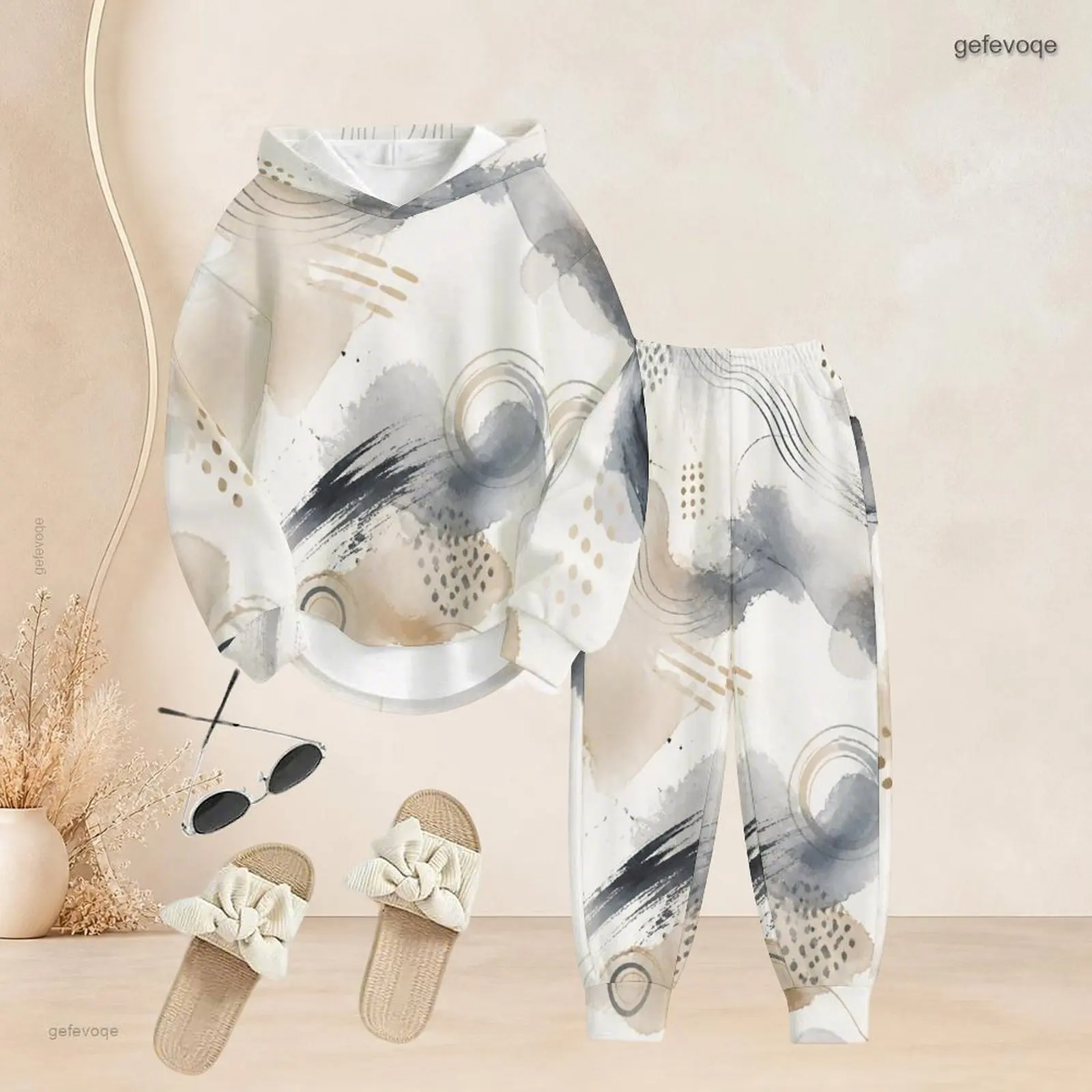 Women Pants Set with Print Long Sleeve Hooded Top Cuffed Pants Two Piece