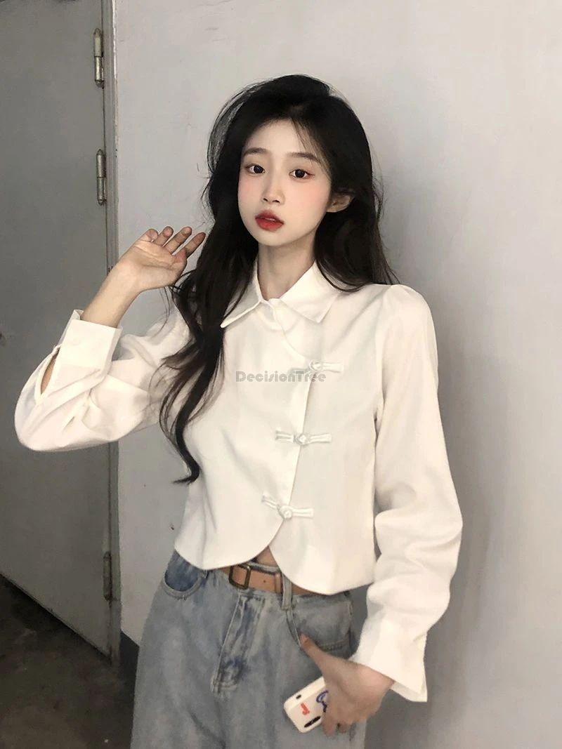 New chinese-style improved cheongsam Long Sleeve top summer women new irregular hem design Turn-down collar qipao top
