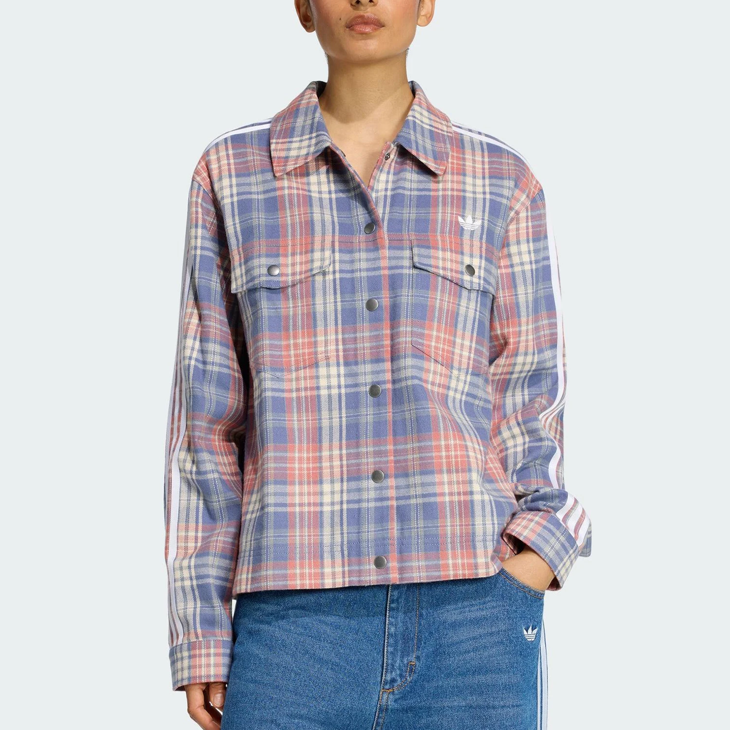 Adidas genuine Trefoil Women's Plaid Collar Sports Casual Jacket KC6277