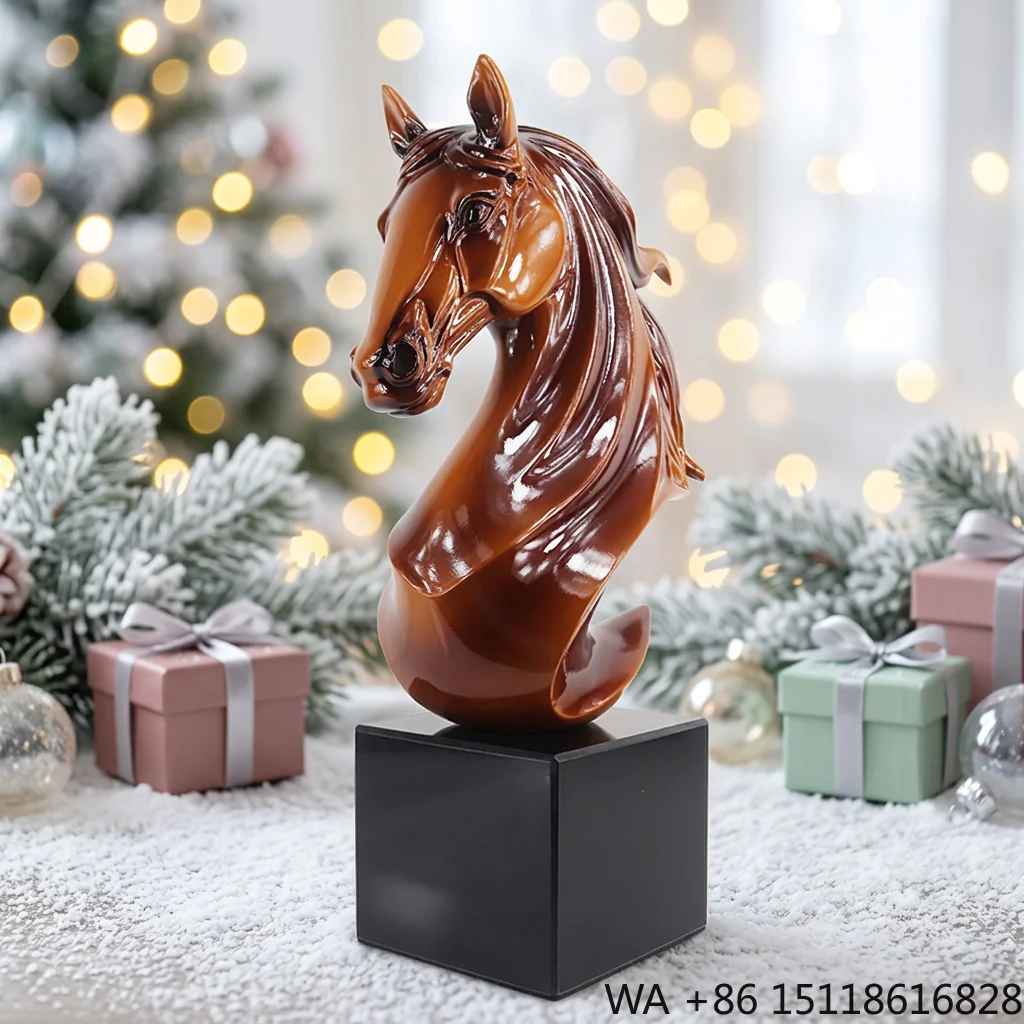 Brown Resin Horse Head Sculpture Marble Base White Gloss Handmade Modern Luxury Craft Ornament Home/Office Decor Corporate