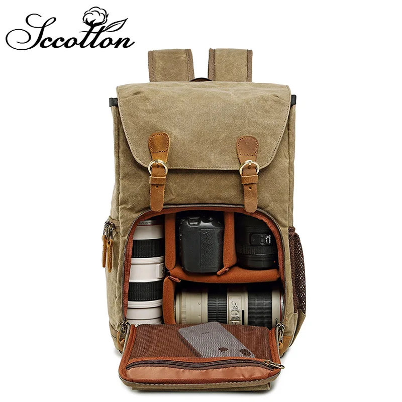 Vintage Wasserdichter Kamera-Rucksack aus strapazierfähigem gewachstem Canvas, stoßfester DSLR-Objektiv-Aufbewahrungsrucksack für Reisefotografie
