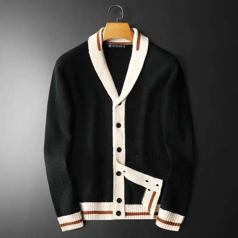 2023 Fall Solid Color Alphabet Color Contrast Pattern Knitting Cardigan Man Long Sleeve Slim Sweater Cardigan Garment Coat