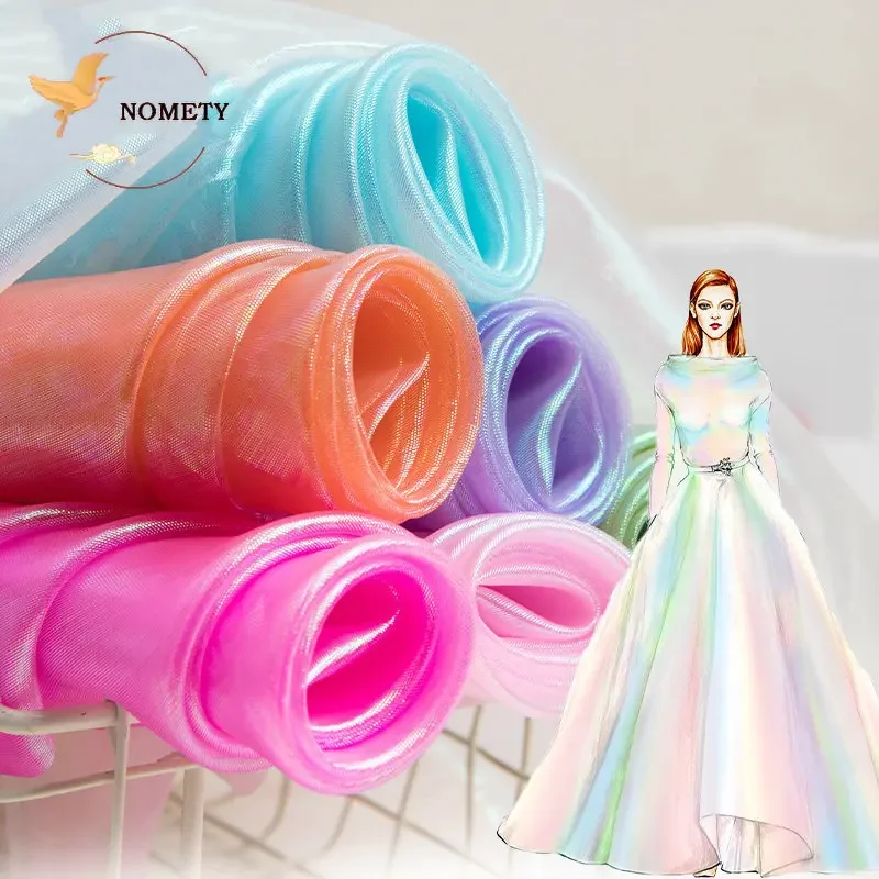 Colorful Glass Yarn Laser Tulle Fabric Transparent Fluorescent Mesh Cloth For Sewing Dress Stage Show Clothing Handmade DIY