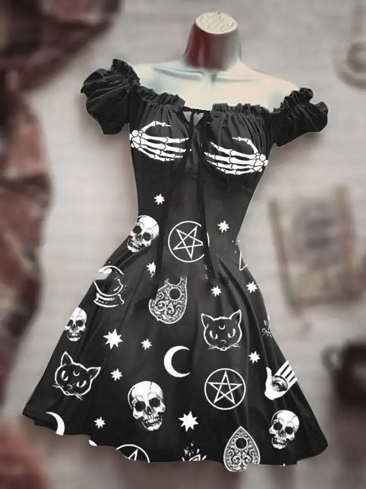 Summer New 3D Printed Mid Waist Women's Dress Scary Halloween Skull Head Pulled Sleeves and Drawstring Casual Nightwear Clothing