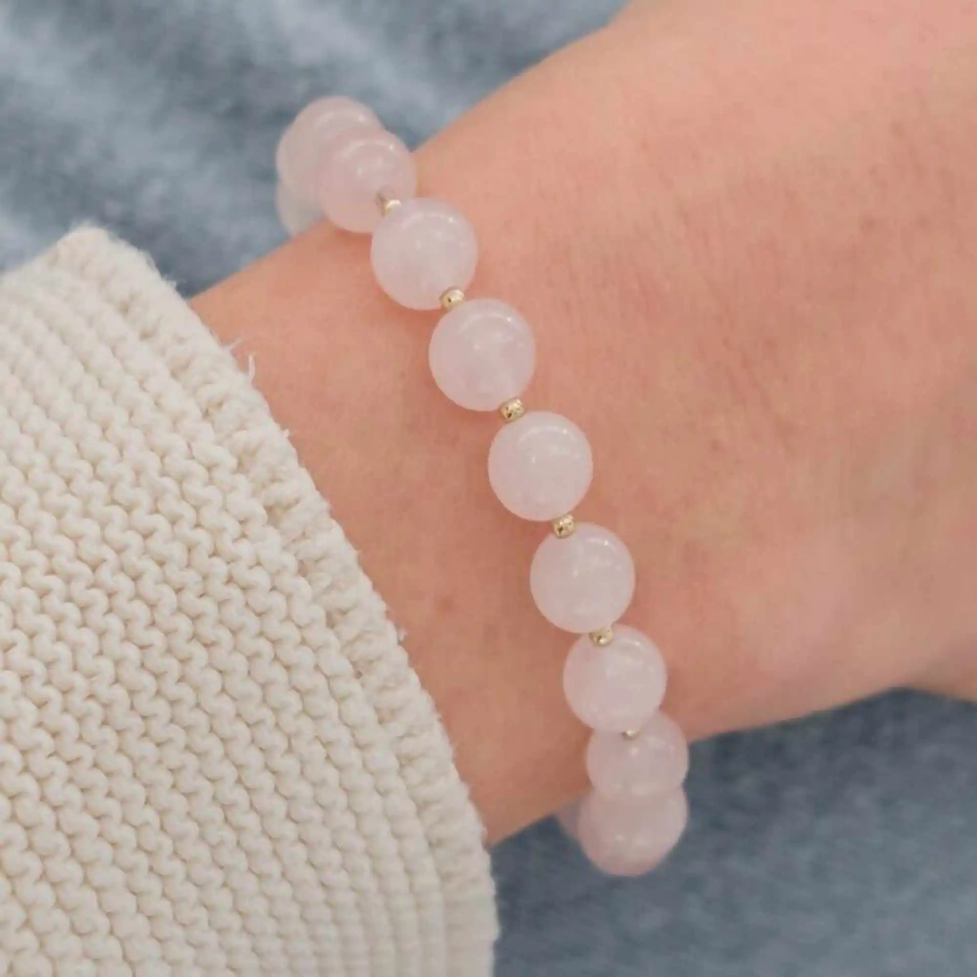 

Natural 8mm pink round Rose Quartz Crystal 14K Gold fill bracelet Seven Chakras Taseel Buddhism Fancy Prayer