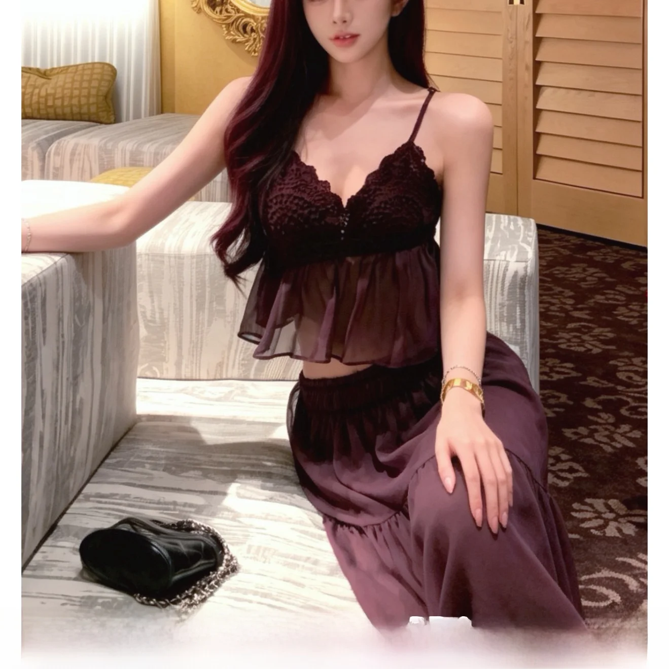 

Handwoven Handkerchief Neck Vest Long Pleated Skirt Set Women's Summer Fashion Two-Piece Suit Short Sleeve No Zipper Closure