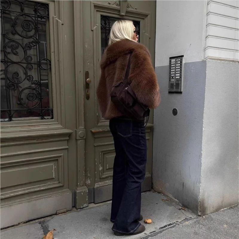 Manteau court écologique en fausse fourrure de renard, marron, style vintage, vêtements d'hiver pour femmes