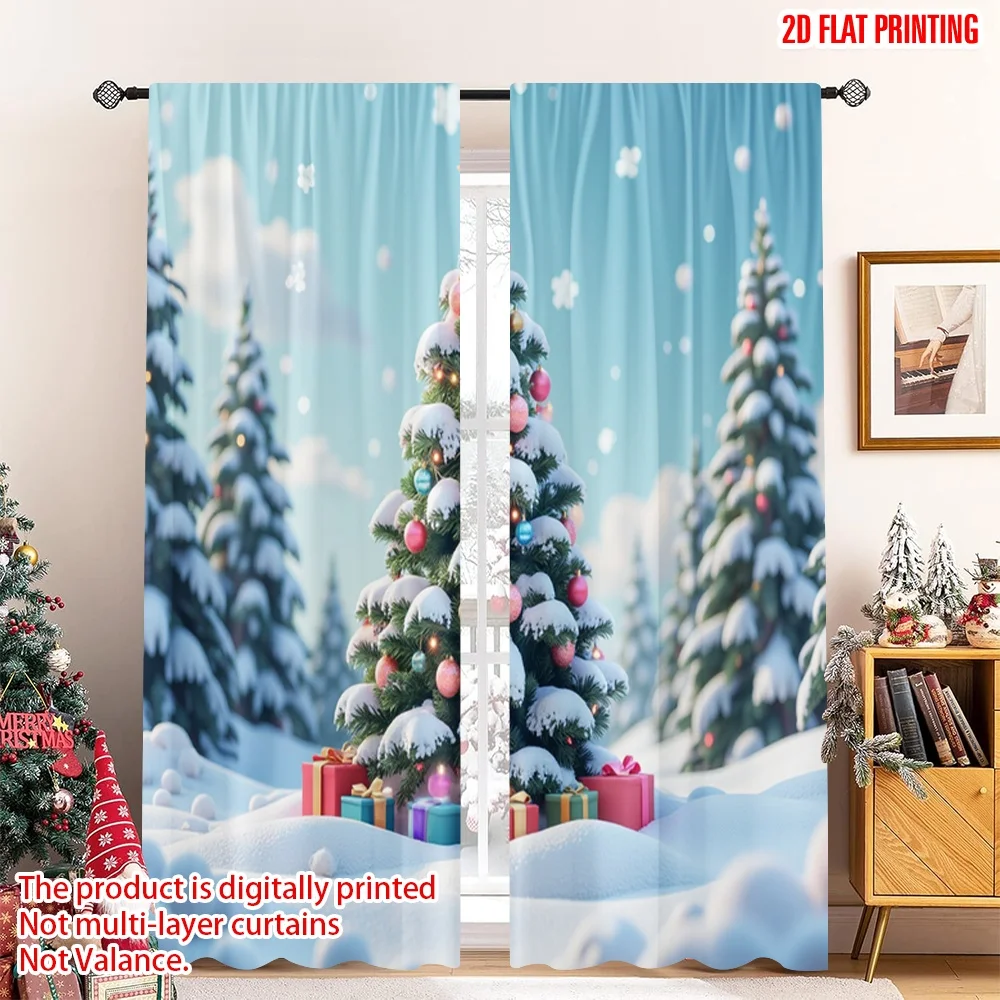 

2pcs 2D flat printing Merry Christmas Window Curtains Pink Christmas Tree Gifts Fabric Without Electricity Family Party Perfect