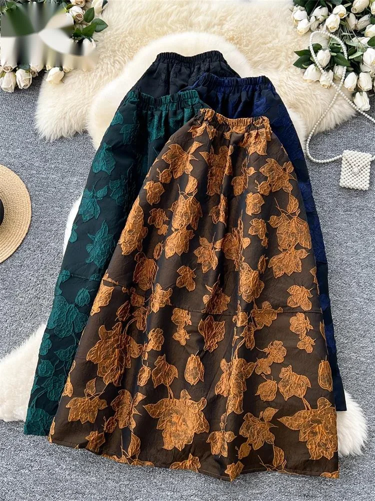 

SINGREINY Autumn Vacation A Line Skirt High Waist Embroidery Flower Trendy Skirt 2025 Light Luxury Elegant Basic Long Skirt