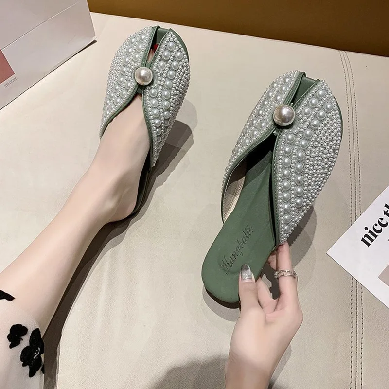 

New Women's Shoes Luxury Imitation Pearl Muller Slippers for Woman Exquisite Baotou Casual Shoes Designer Shoes Zapatos De Mujer