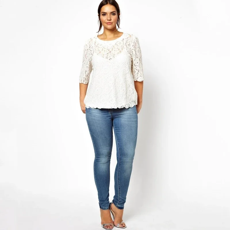 Plus Size elegante moda camicetta di pizzo donna Solid White Quarters Sleeve Button Back Spring Office Casual Top t-shirt 6XL 7XL 8XL