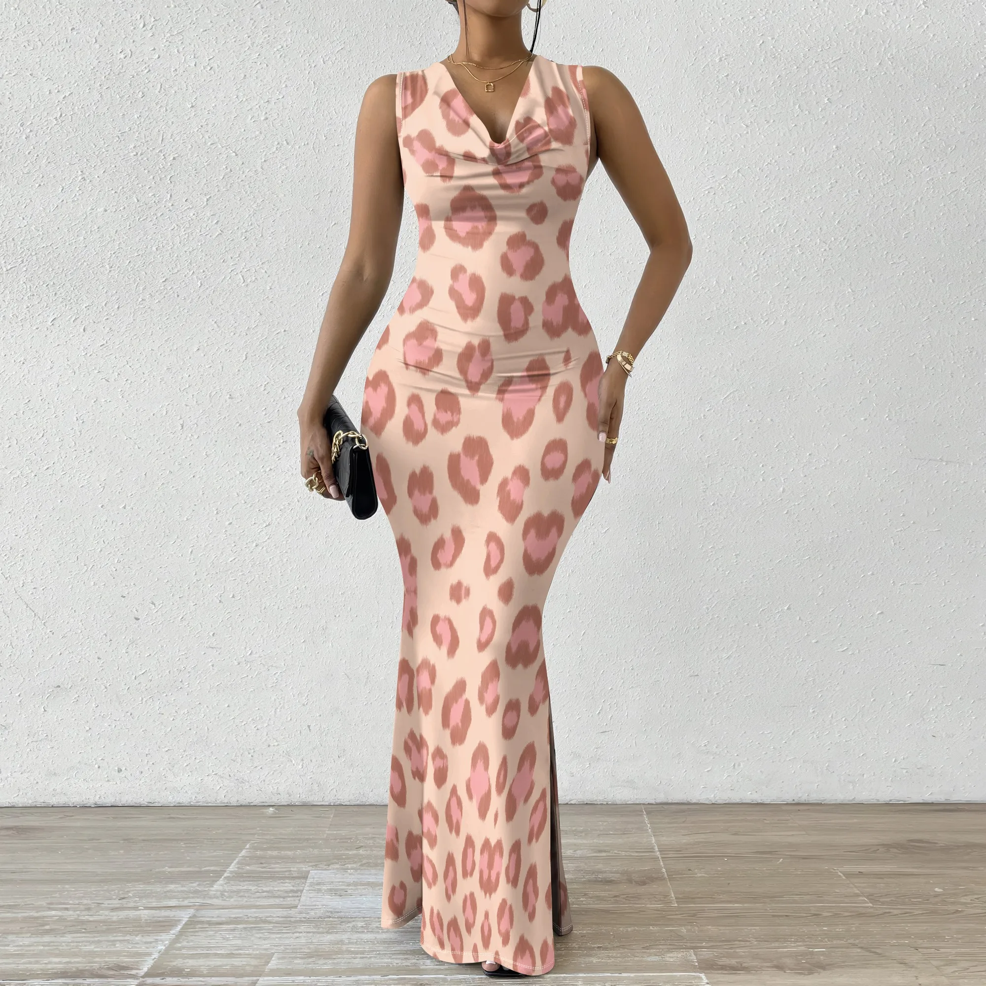 

Pink Leopard Print Maxi Dress XS-2XL Sleeveless V-Neck Cowl Style for Valentine's Day, Birthday Brunch or Summer Party Look