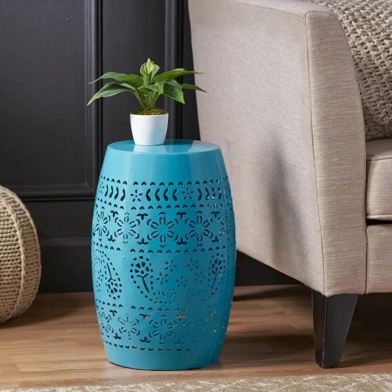 RUBY Side Table, Lace Cut Metal End Table for Outdoor & Indoor Use, Barrel Shape Accent Table with No Assembly Needed for Gar