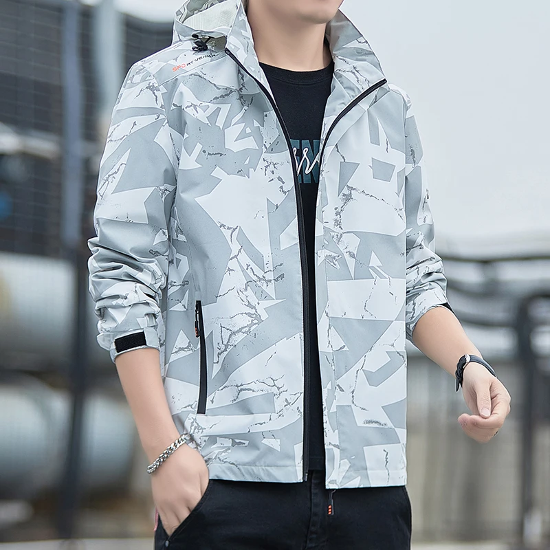 Men's stormcoat Spring and Autumn New Trendy Camo Print Outdoor Camping Hooded windbreaker Men's Waterproof Windproof Jacket