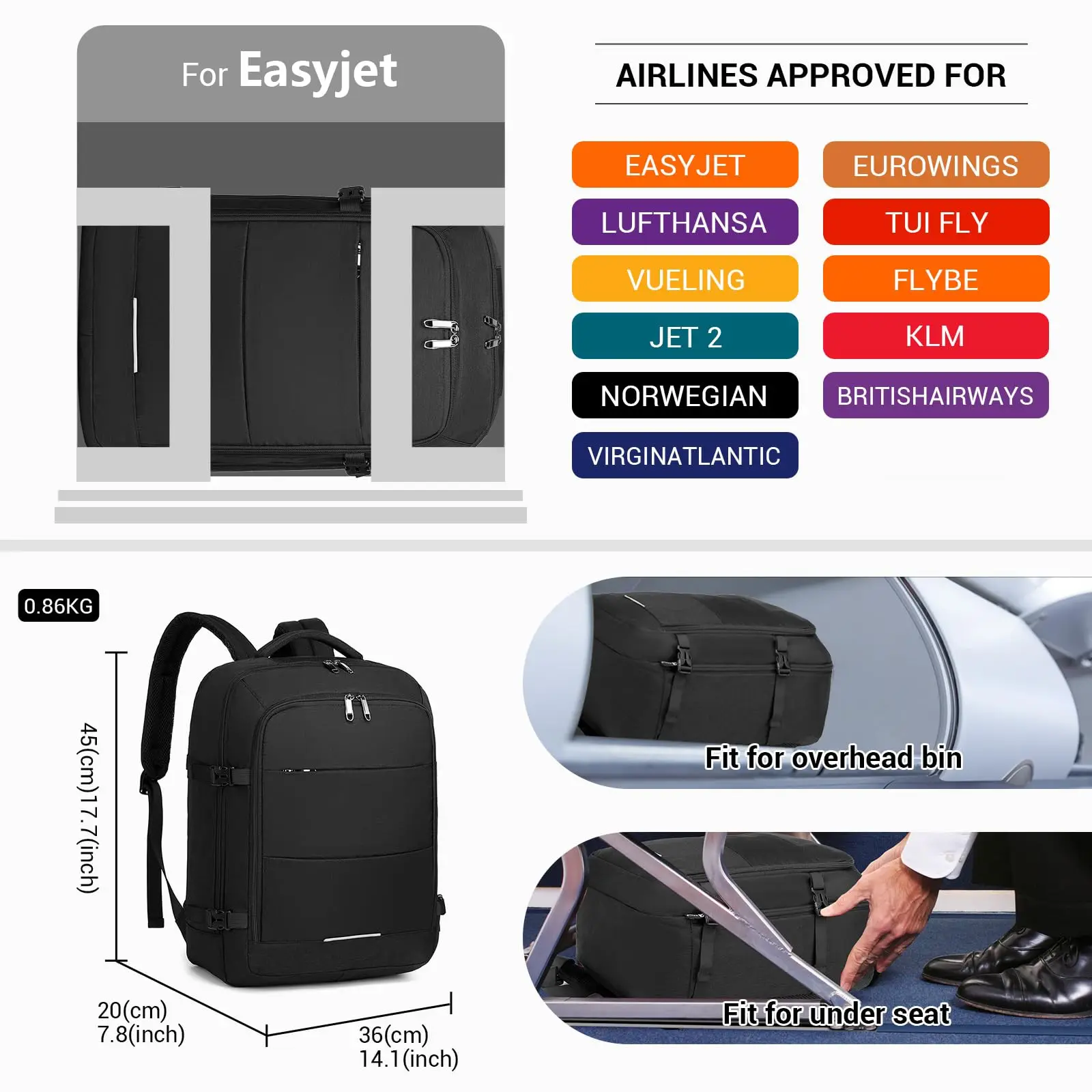 Kono 30L Easyjet Cabin Travel Backpack: 45 x 36 x 20cm Laptop and Weekend Duffel Bag