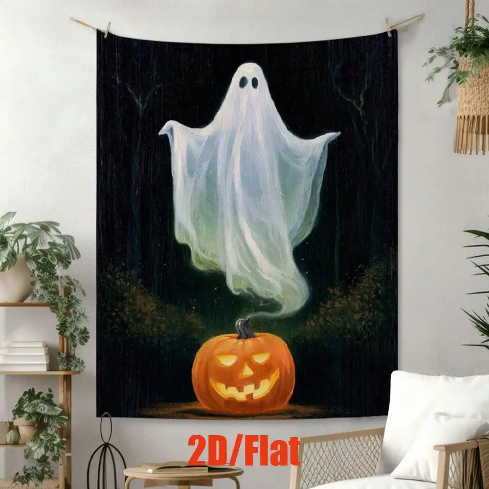 2D Flat - 2D FLAT 1pc, Tapestries, Wall Hangings, Ghosts And Pumpkins In Dark Forest, Living Rooms, Offices, Room Decoration, Party Decoration, Bedroom Tapestries, Wall Tapestries, Halloween