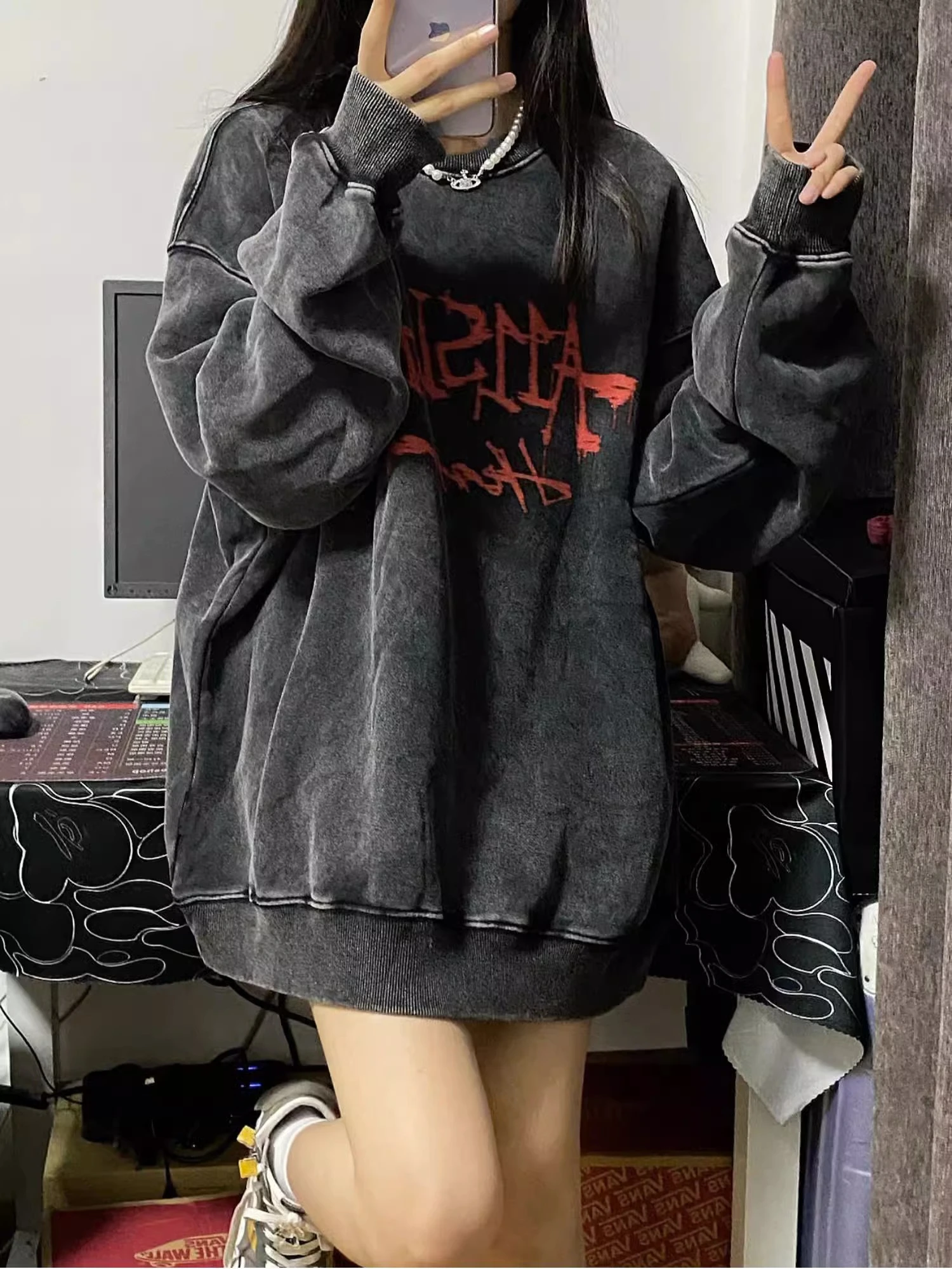 Fashion Dark Grey Hoodie Fleece Thicken Sweatshirt Long Sleeve Korean Letter Printing Baggy Female Tops Pullover Hoodie Autumn